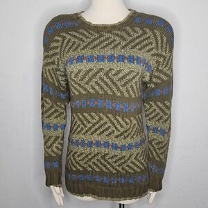 Vintage Lizwear Petites Cotton Knit Sweater Olive Geometric Crew Pullover Sz SP